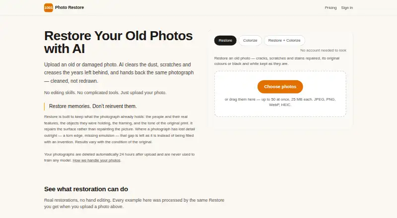 The 1001 Photo Restore homepage
