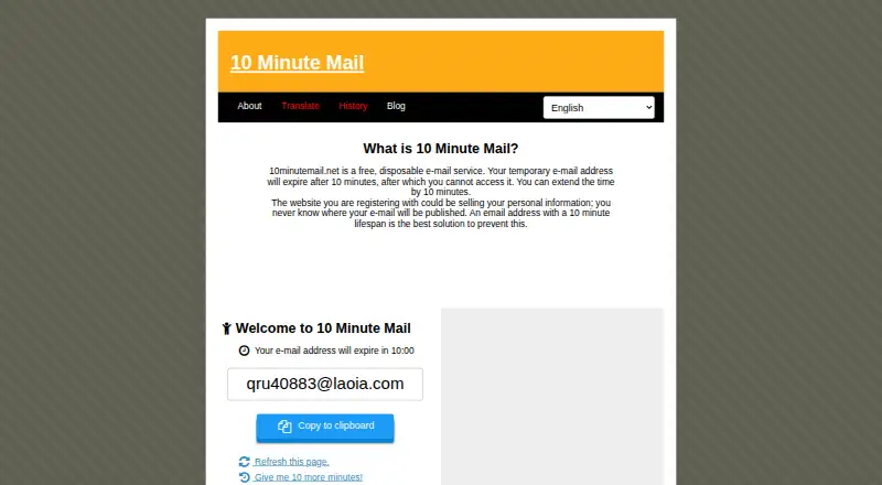 The 10 Minute Mail homepage