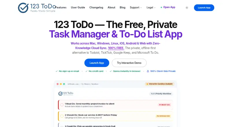 The 123 ToDo homepage