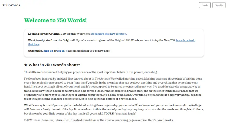 The 750 Words homepage