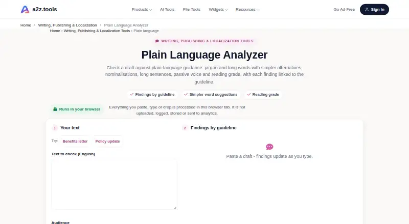 The A2Z Tools Plain Language Analyzer homepage