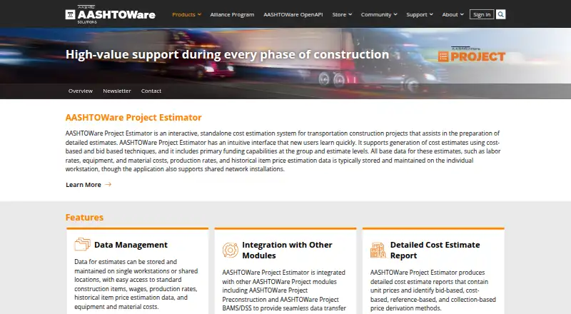 The AASHTOWare Project Estimator homepage