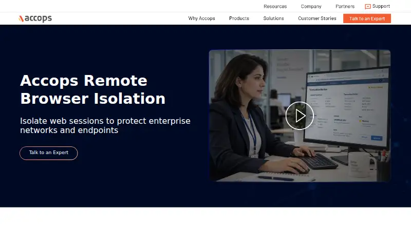 The Accops Remote Browser Isolation homepage