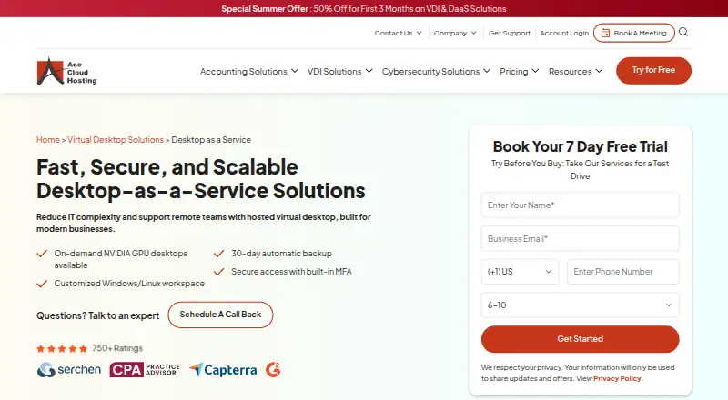 The Ace Cloud Hosting Desktop as a Service homepage