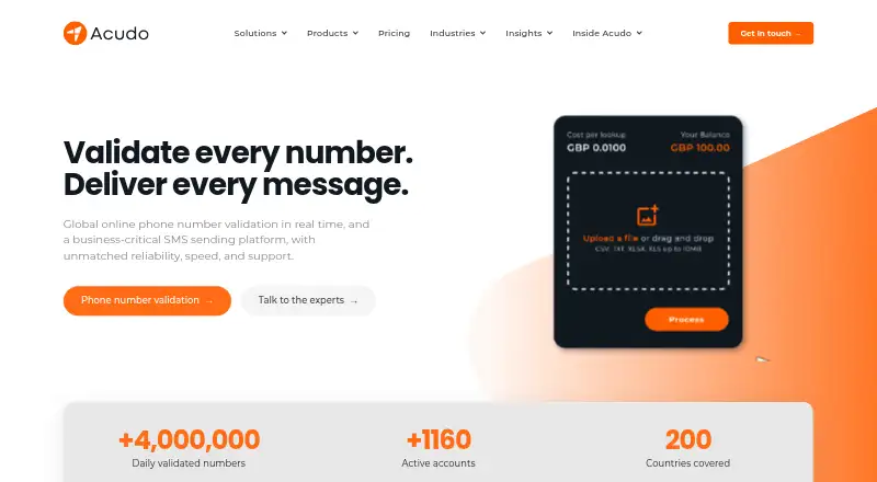 The Acudo Phone Validation homepage