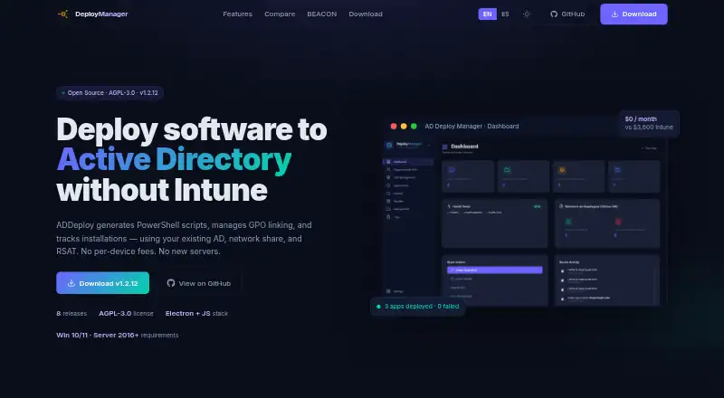 The ADDeploy Manager homepage