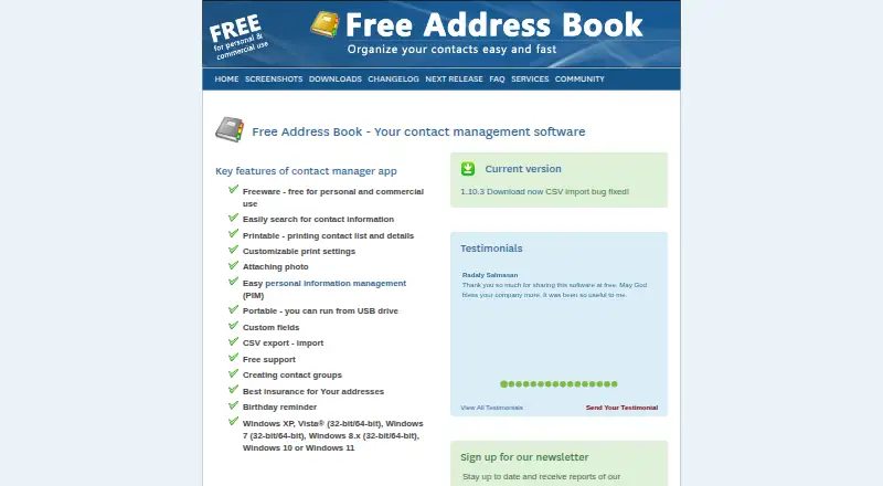 The Free Address Book homepage