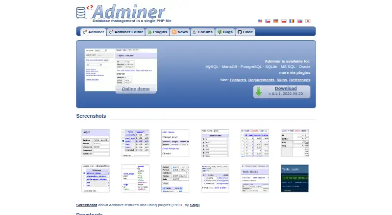 The Adminer homepage