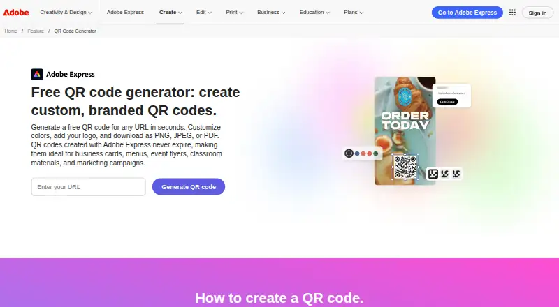 The Adobe Express QR Code Generator homepage