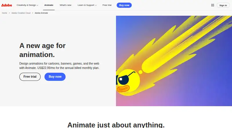 The Adobe Animate homepage