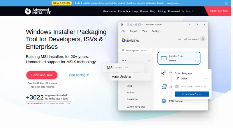 The Advanced Installer homepage