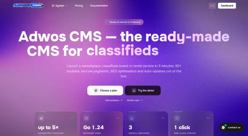 The Adwos CMS homepage