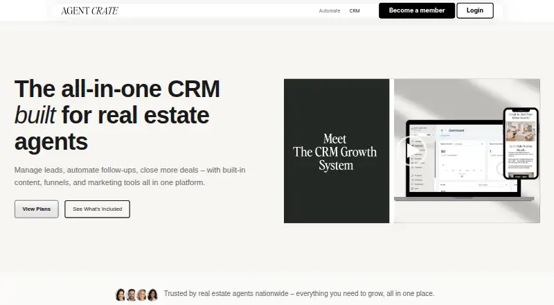 The Agent Crate CRM homepage