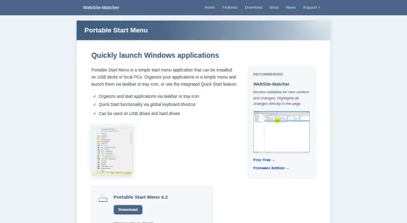 The Portable Start Menu homepage