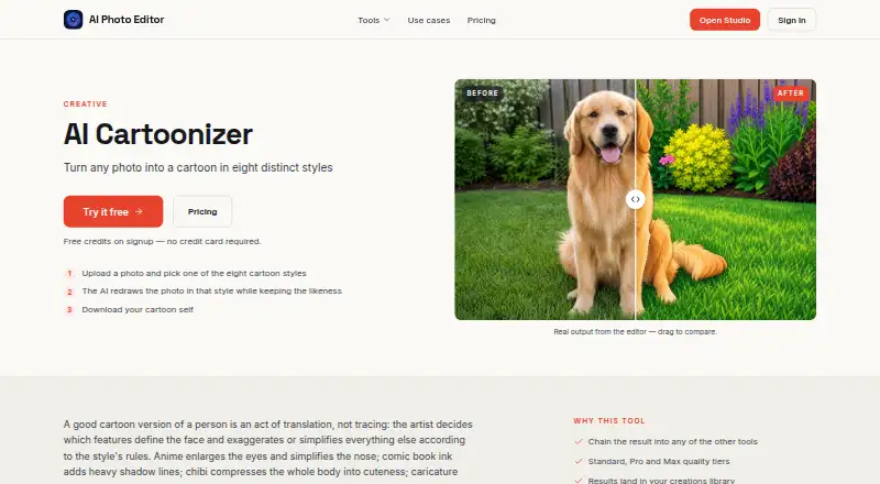 The AI Photo Editor Cartoonizer homepage