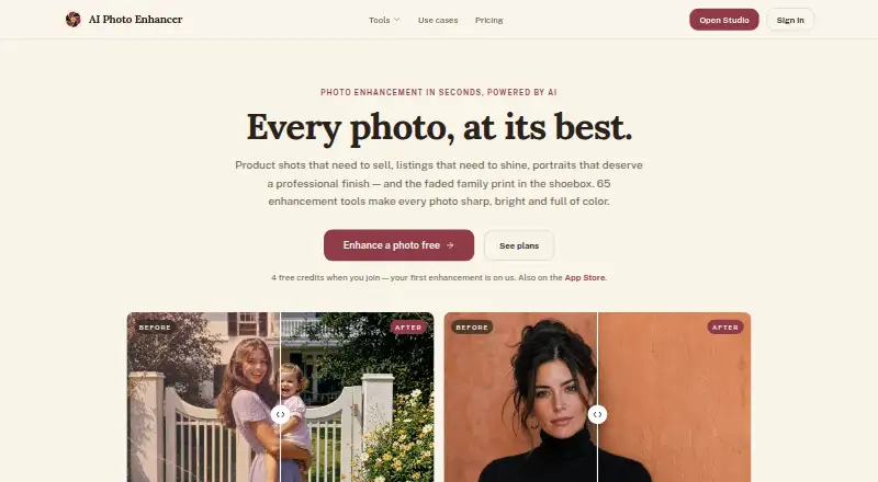 The AI Photo Enhancer homepage