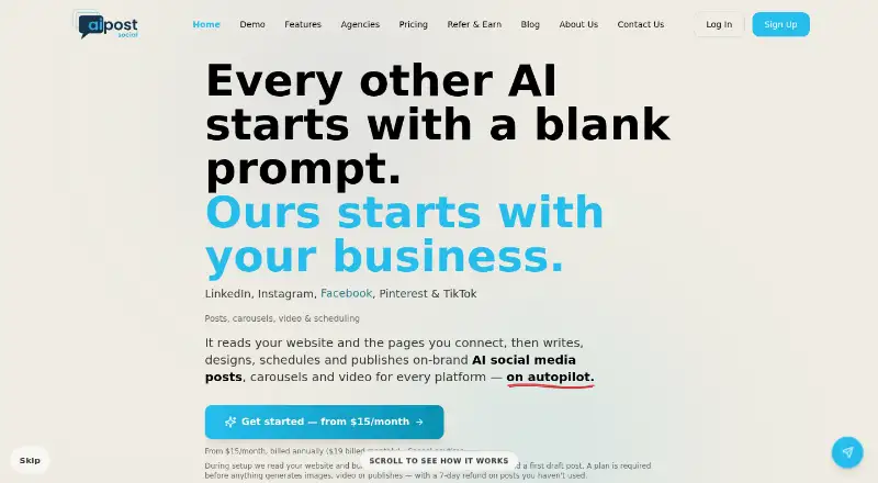 The aipost.social homepage