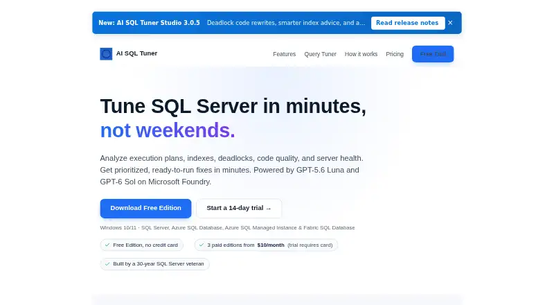 The AI SQL Tuner Studio homepage