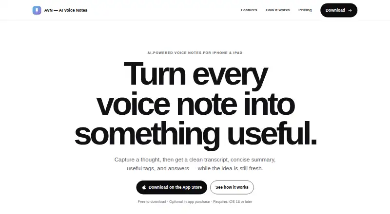 The AVN - AI Voice Notes homepage