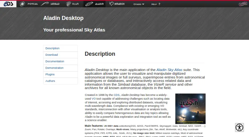 The Aladin Desktop homepage