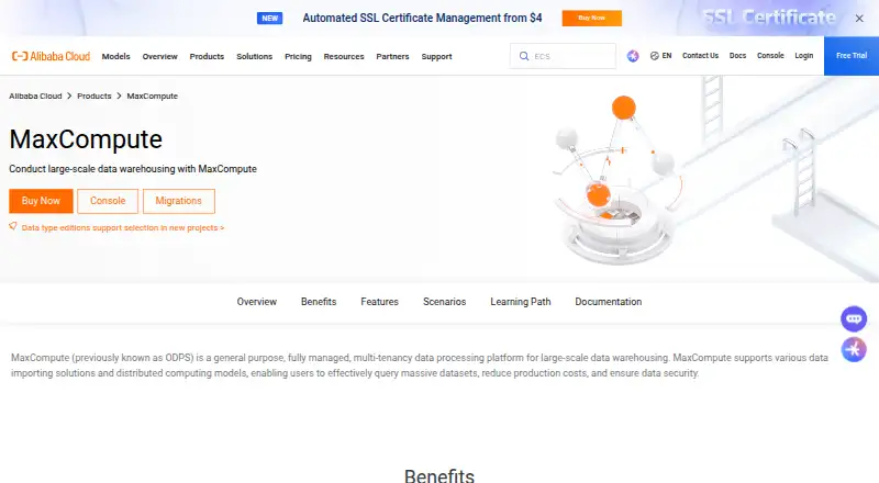 The Alibaba Cloud MaxCompute homepage