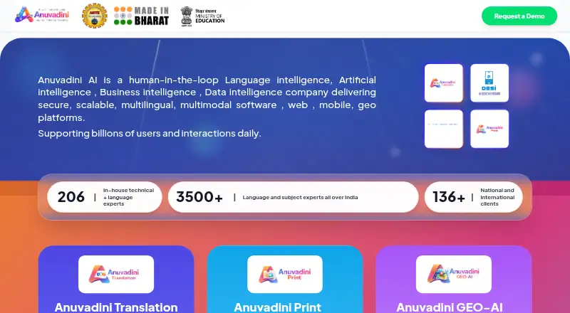 The Anuvadini AI homepage