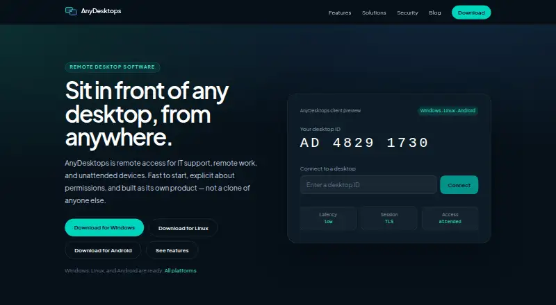The AnyDesktops homepage
