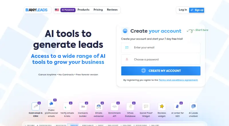 The Anyleads homepage