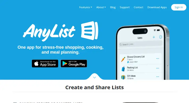 The AnyList homepage