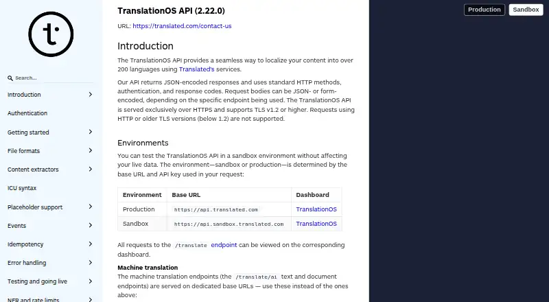 The TranslationOS API homepage
