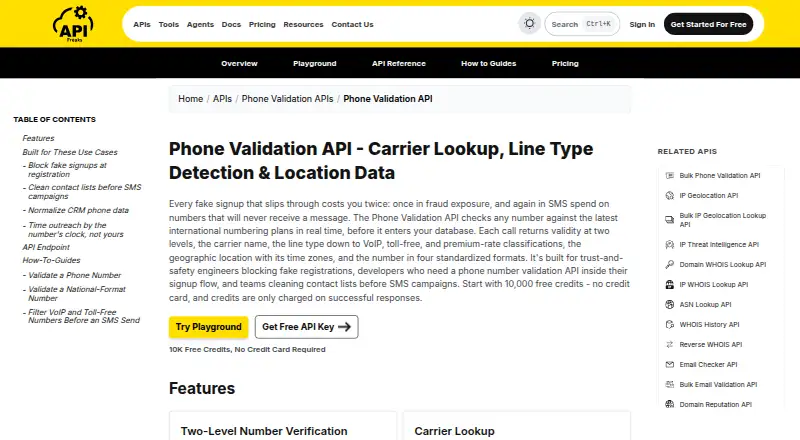 The APIFreaks Phone Validation API homepage
