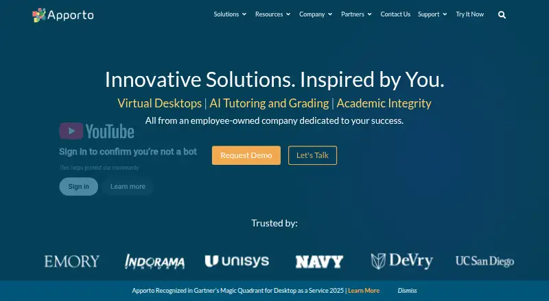 The Apporto Cloud Desktops homepage