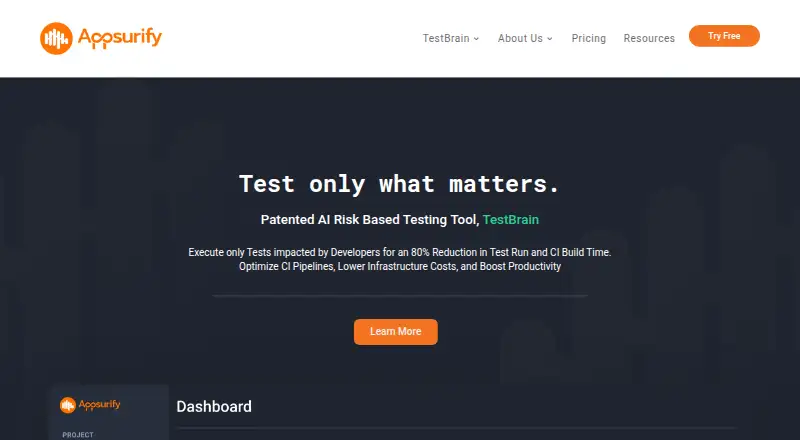 The Appsurify TestBrain homepage
