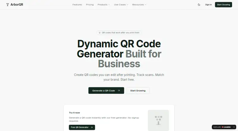 The ArborQR homepage
