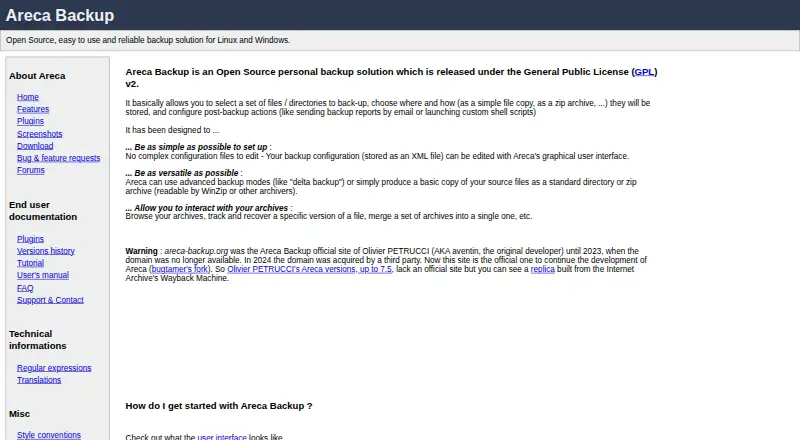 The Areca Backup homepage