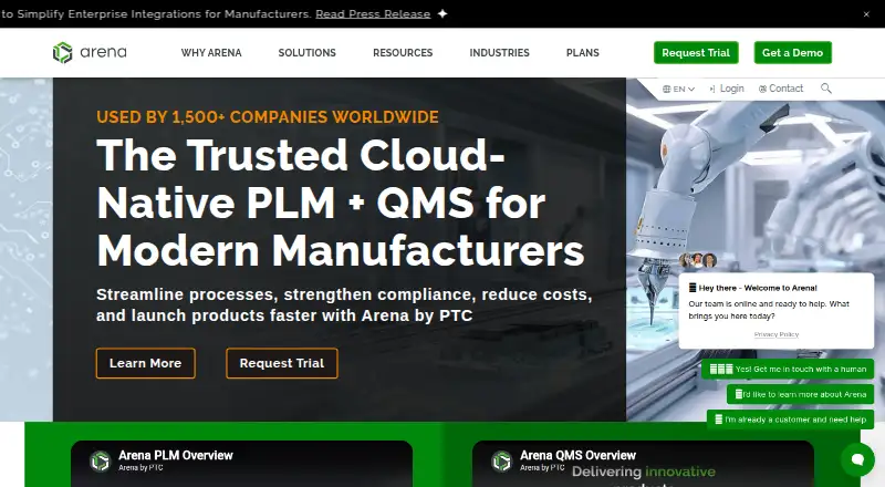 The Arena PLM homepage