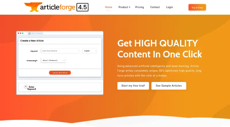 The Article Forge homepage