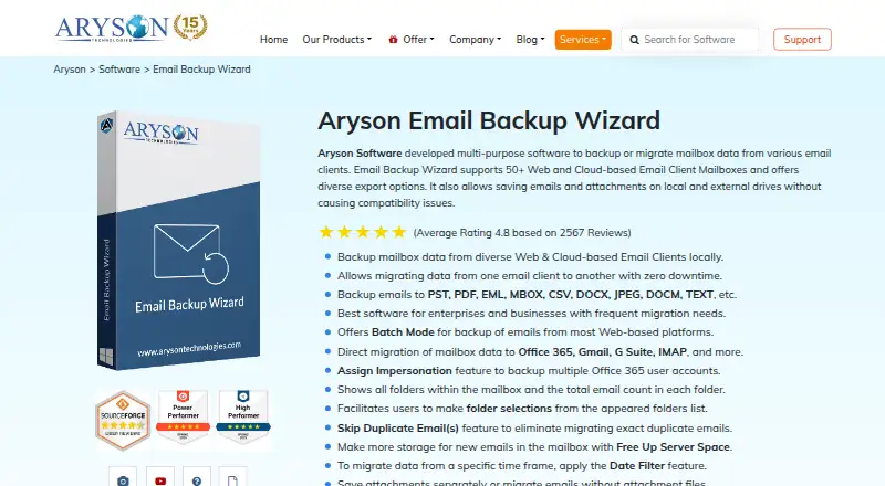 The Aryson Email Backup Wizard homepage