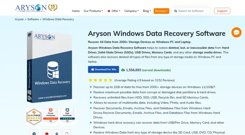 The Aryson Windows Data Recovery Software homepage