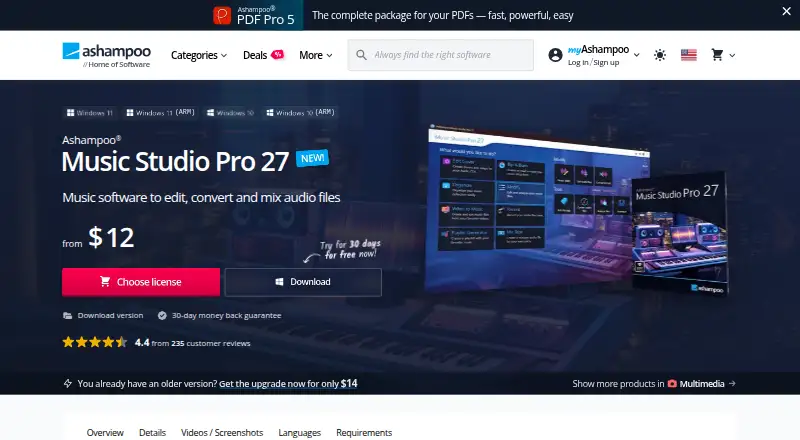The Ashampoo Music Studio Pro 27 homepage