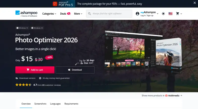 The Ashampoo Photo Optimizer 2026 homepage