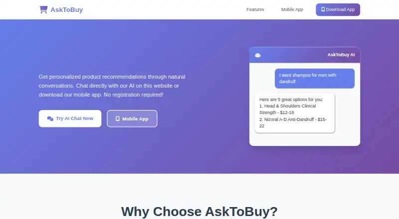 The AskToBuy AI homepage