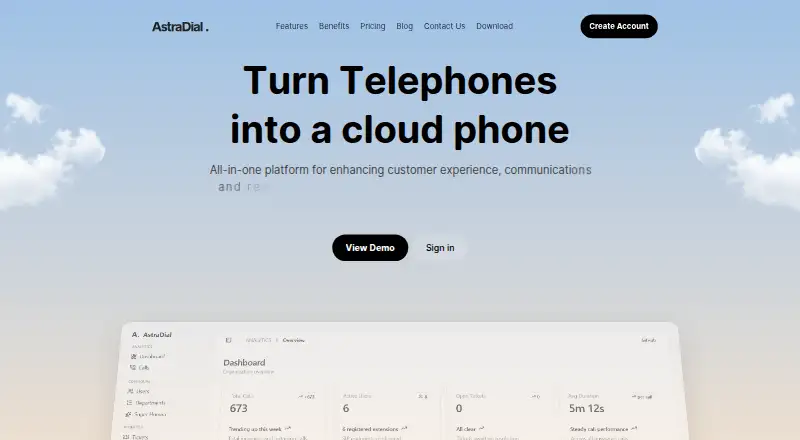 The AstraDial homepage
