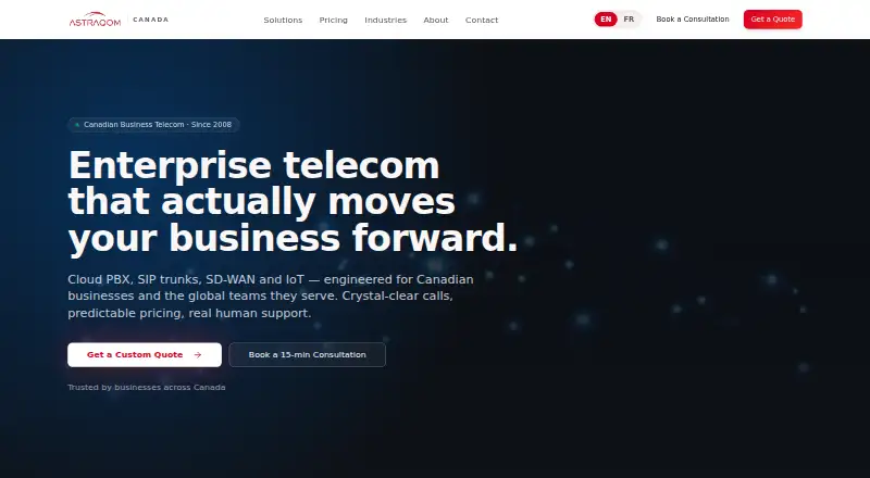 The AstraQom Cloud Hosted PBX homepage