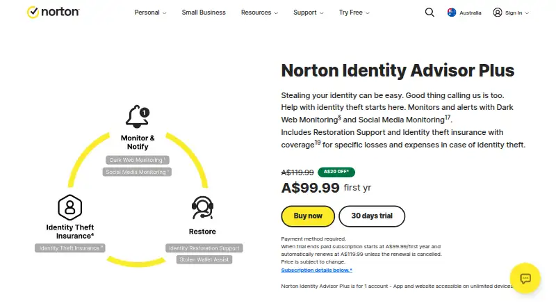 The Norton Identity Advisor Plus homepage