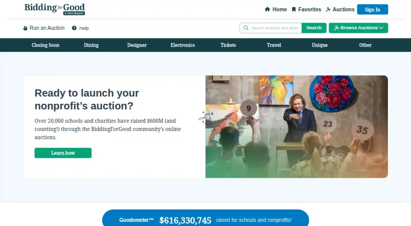The BiddingForGood homepage
