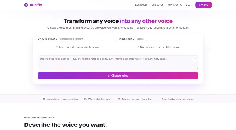The Audific AI Voice Changer homepage
