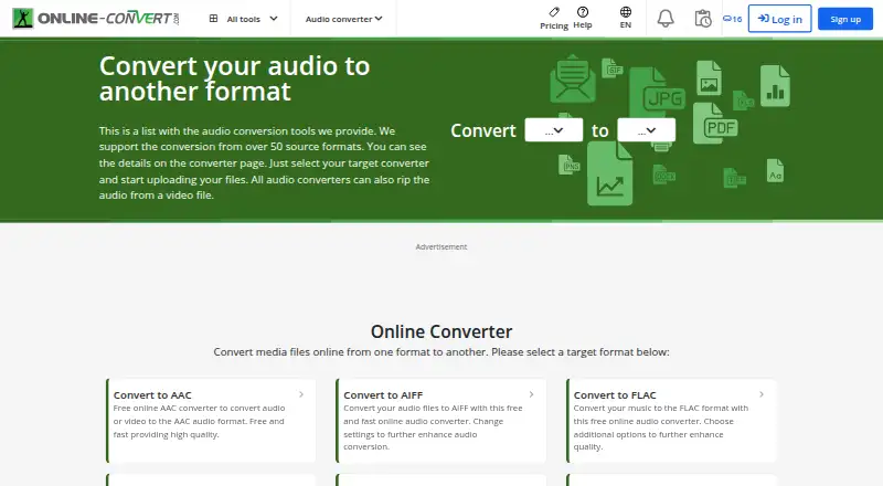 The Online-Convert Audio Converter homepage