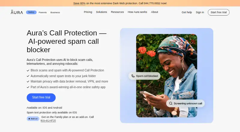 The Aura Call Protection homepage