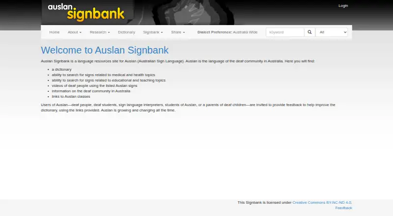 The Auslan Signbank homepage